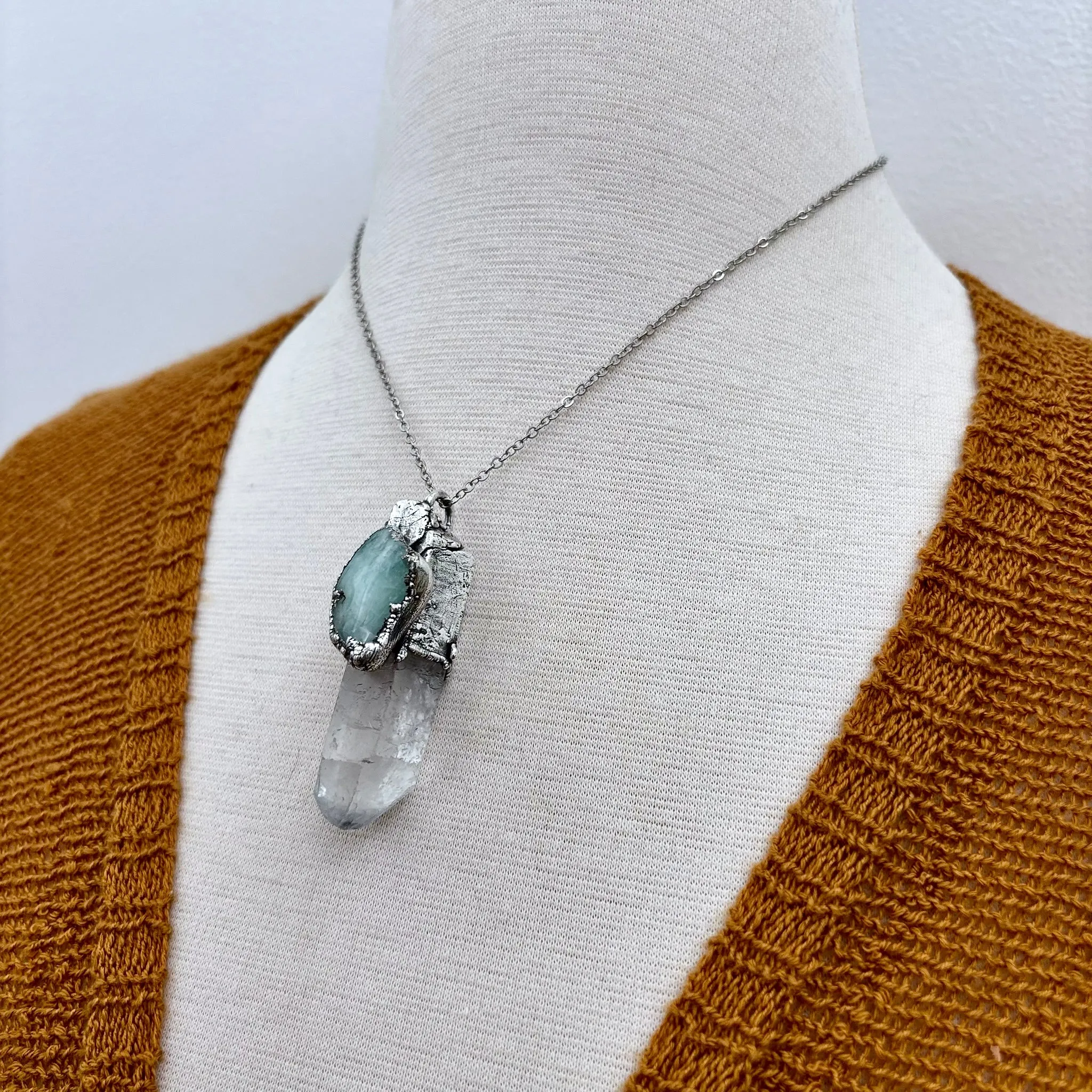 Clear Quartz & Aquamarine Crystal Statement Necklace in Fine Silver / Foxlark Collection