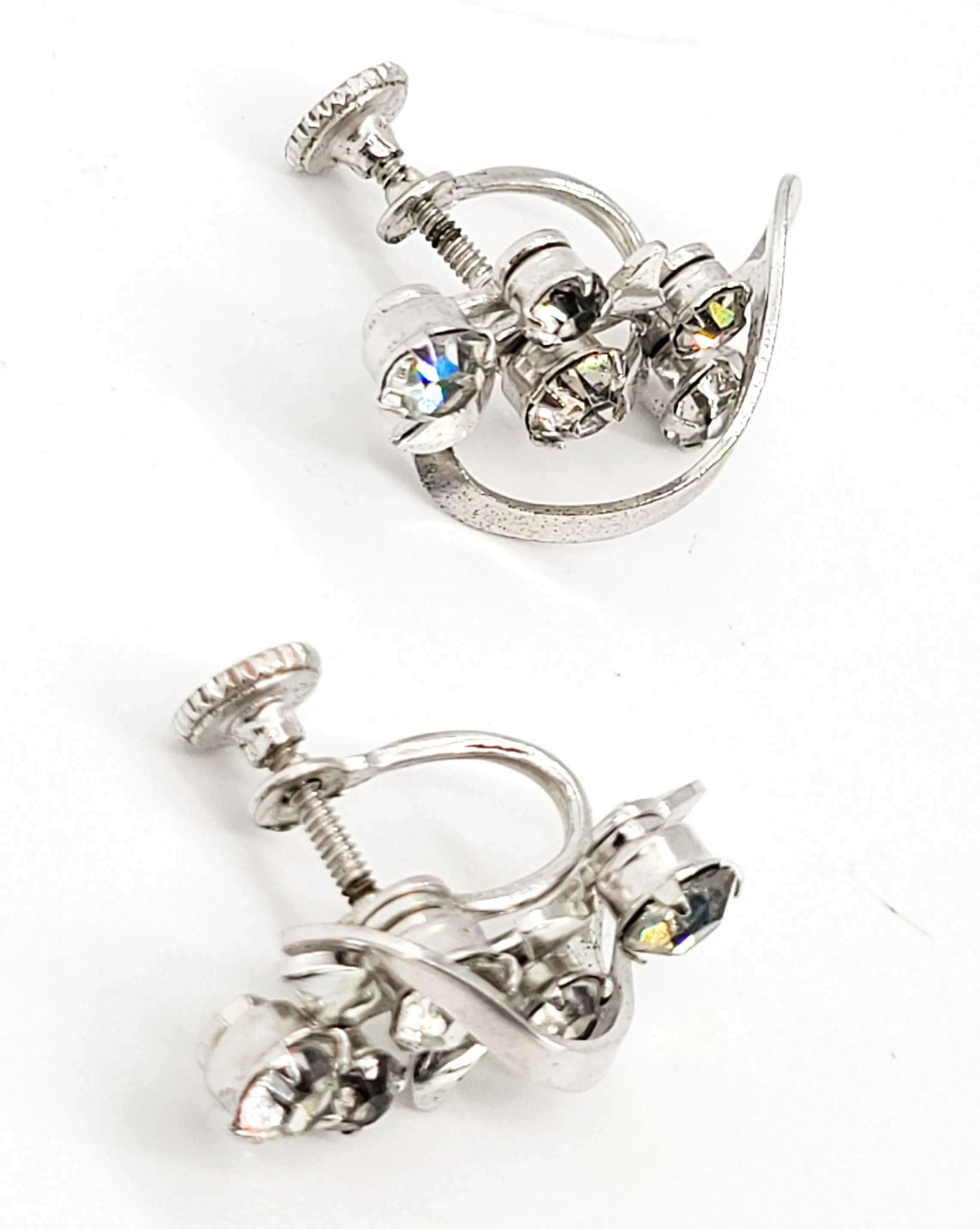 Clear rhinestone atomic swirl vintage clear mid century silver screw back earrings