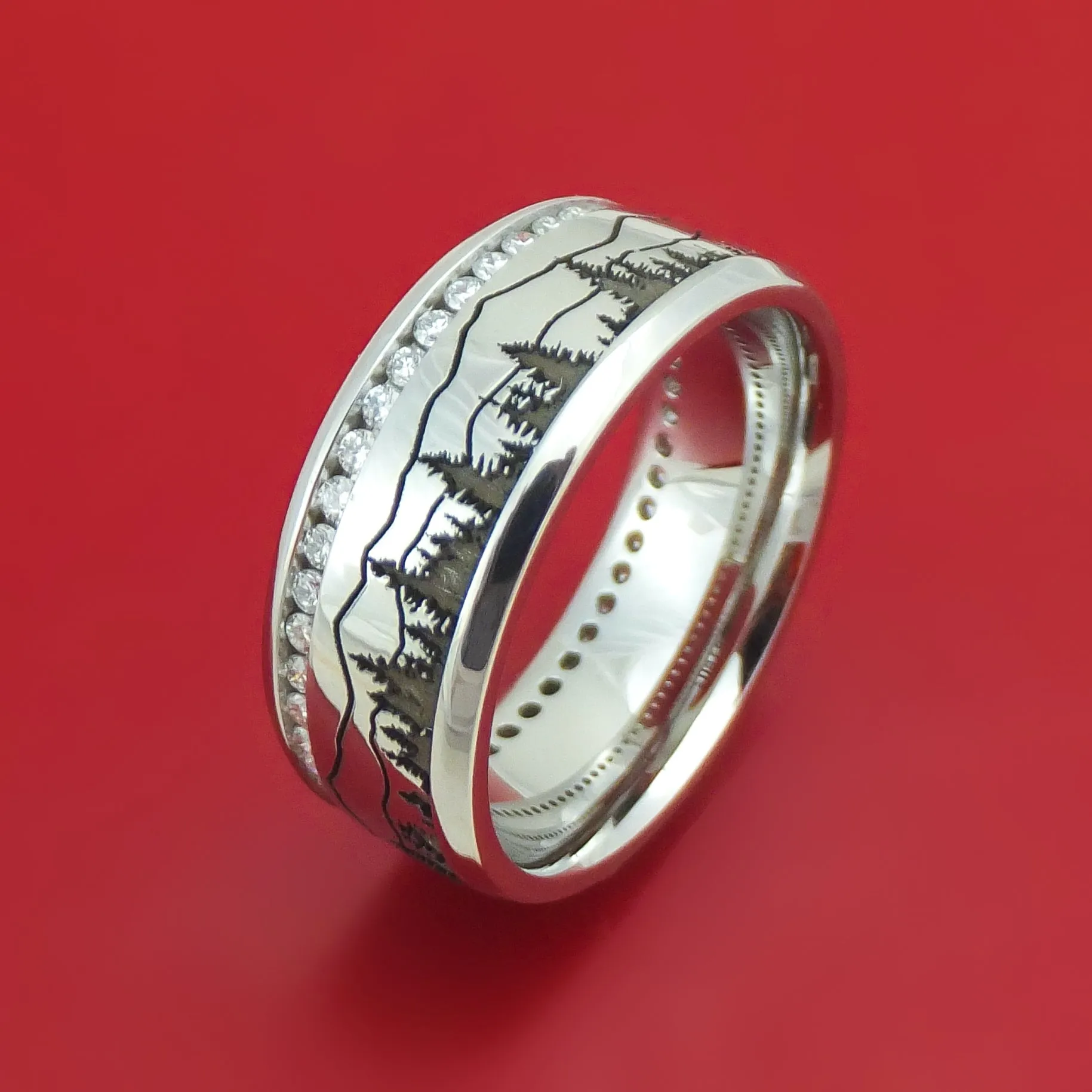 Cobalt Chrome Eternity Lab Diamond Ring with Pine Trees and Mountain Design