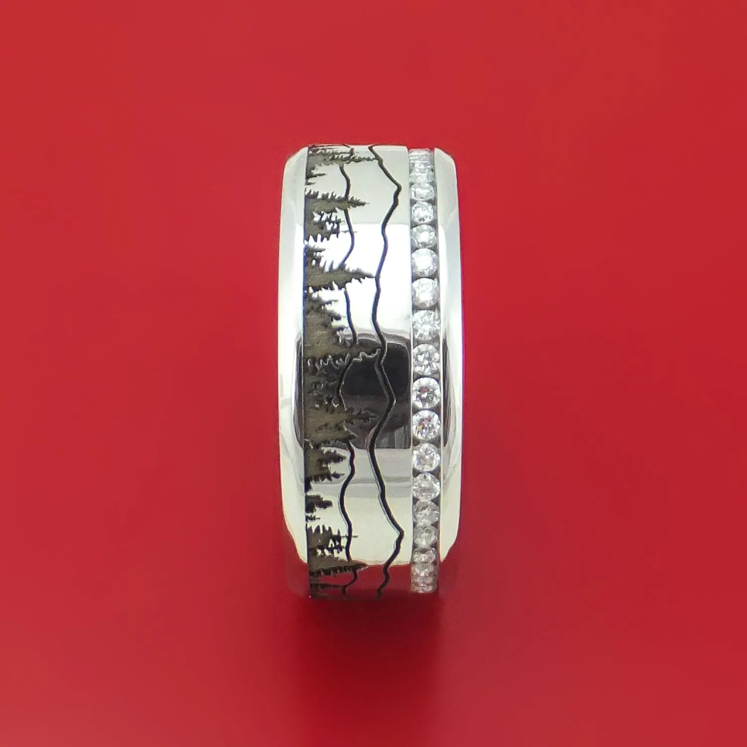 Cobalt Chrome Eternity Lab Diamond Ring with Pine Trees and Mountain Design