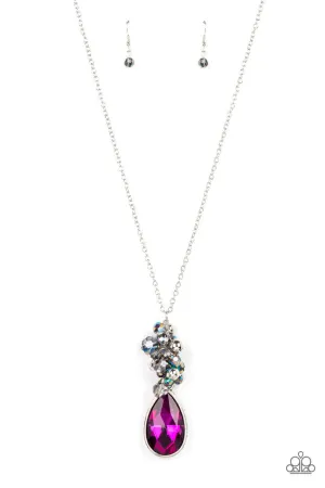 Colorful Convergence - Multi - Oil Spill Bead Pink Teardrop Rhinestone Paparazzi Long Necklace