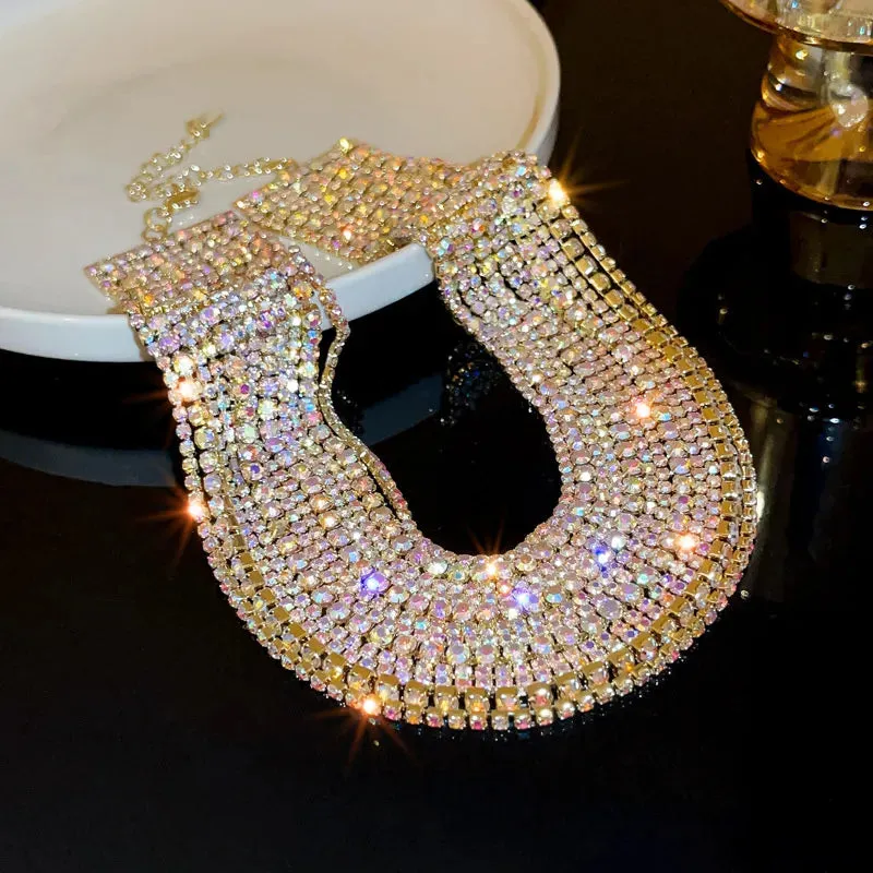 Colorful Crystal Chokers Necklaces for Women Multilayer Gold Color Chain Rhinestone Necklaces Statements Jewelry