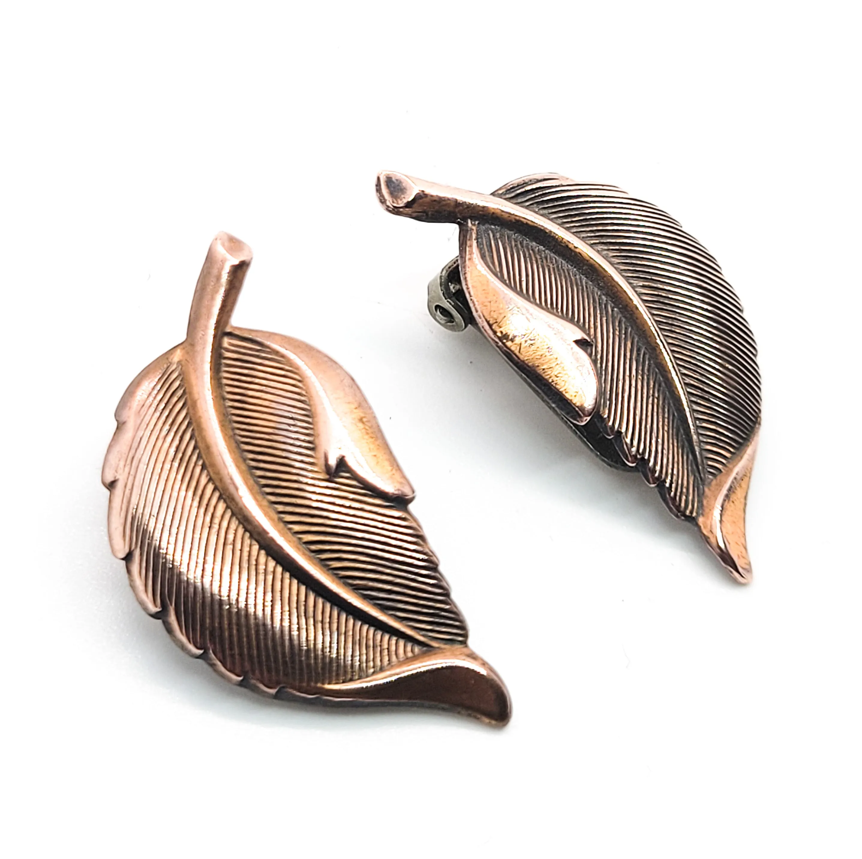Copper leaves vintage fall autumn nature figural clip on earrings mid century