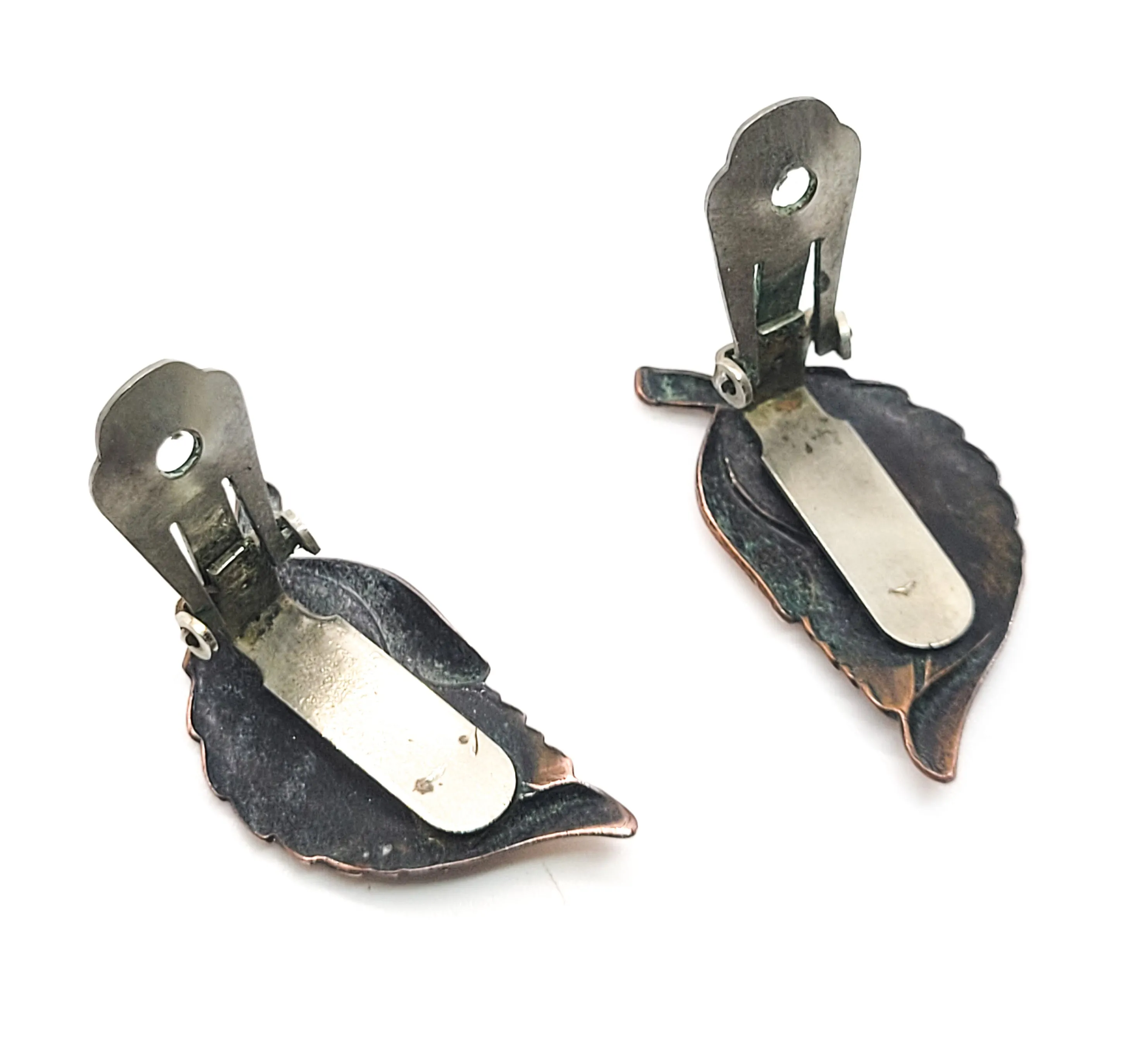 Copper leaves vintage fall autumn nature figural clip on earrings mid century