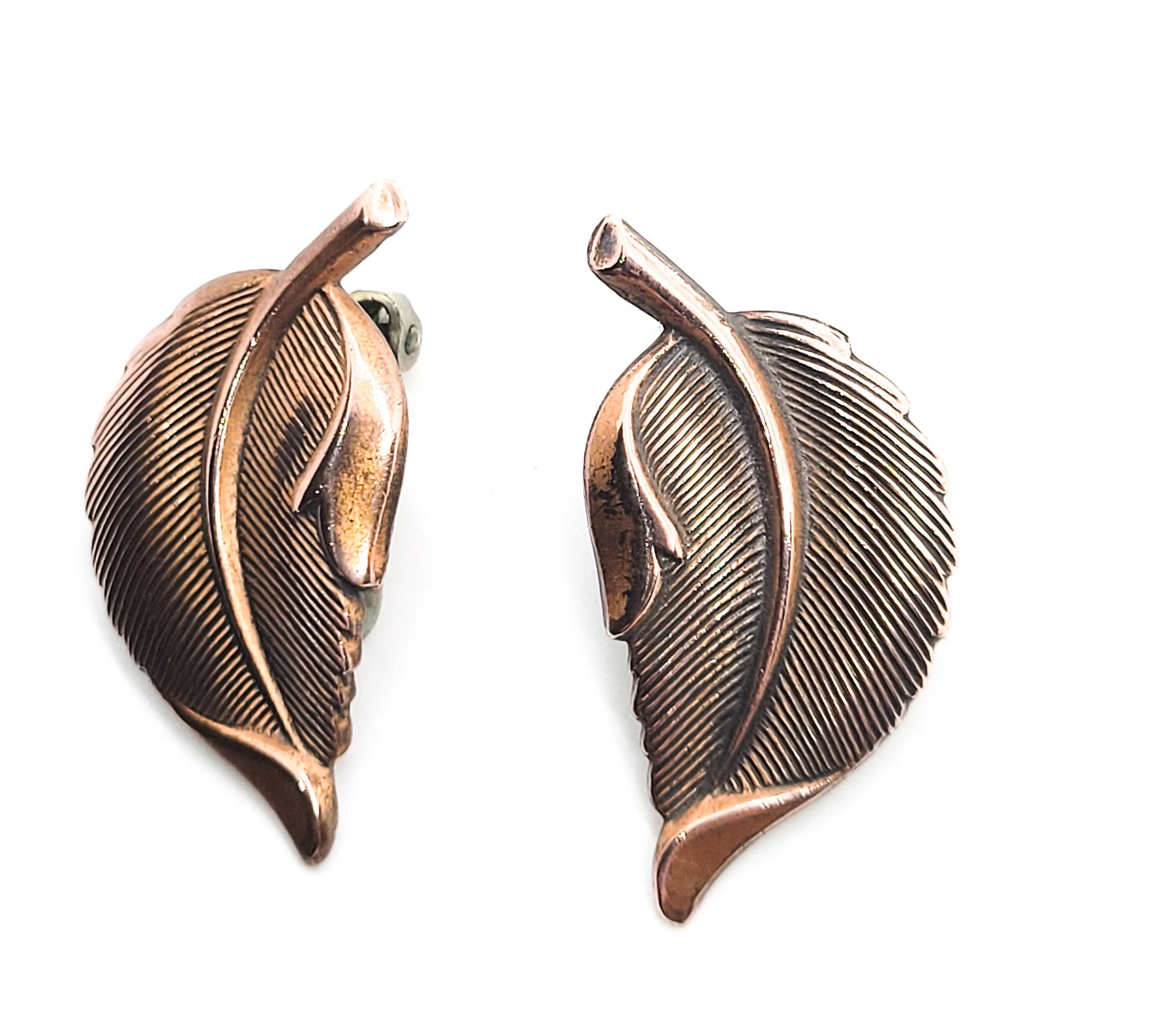 Copper leaves vintage fall autumn nature figural clip on earrings mid century