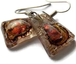 Copper pink and brown recycled fused glass earrings