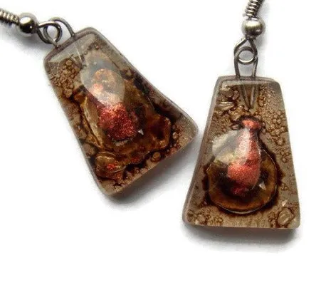 Copper pink and brown recycled fused glass earrings