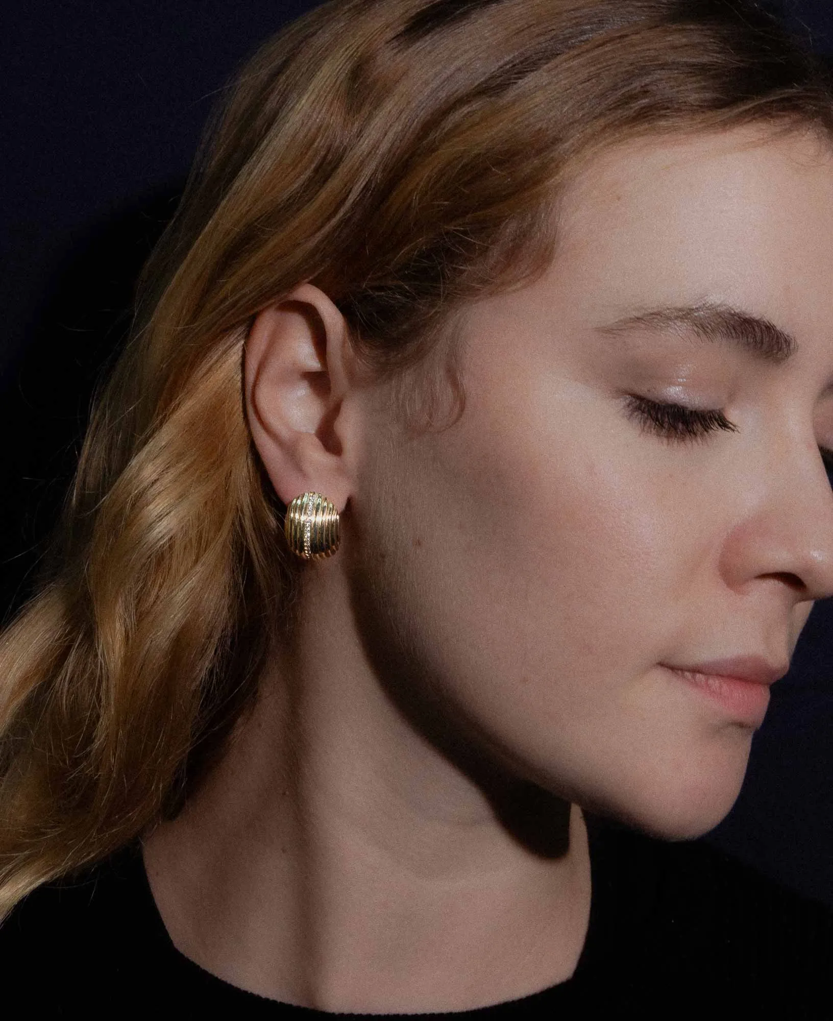 Cordelia Ribbed Oval CZ Button Earrings