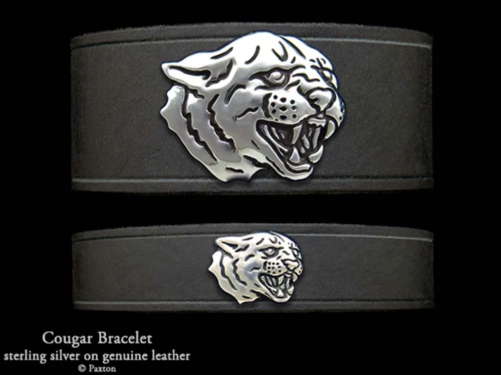 Cougar Panther Bracelet Sterling Silver on Genuine Leather