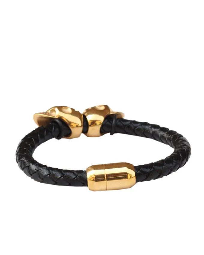 Creative Decoration Skull Leather Black And Gold Bracelet