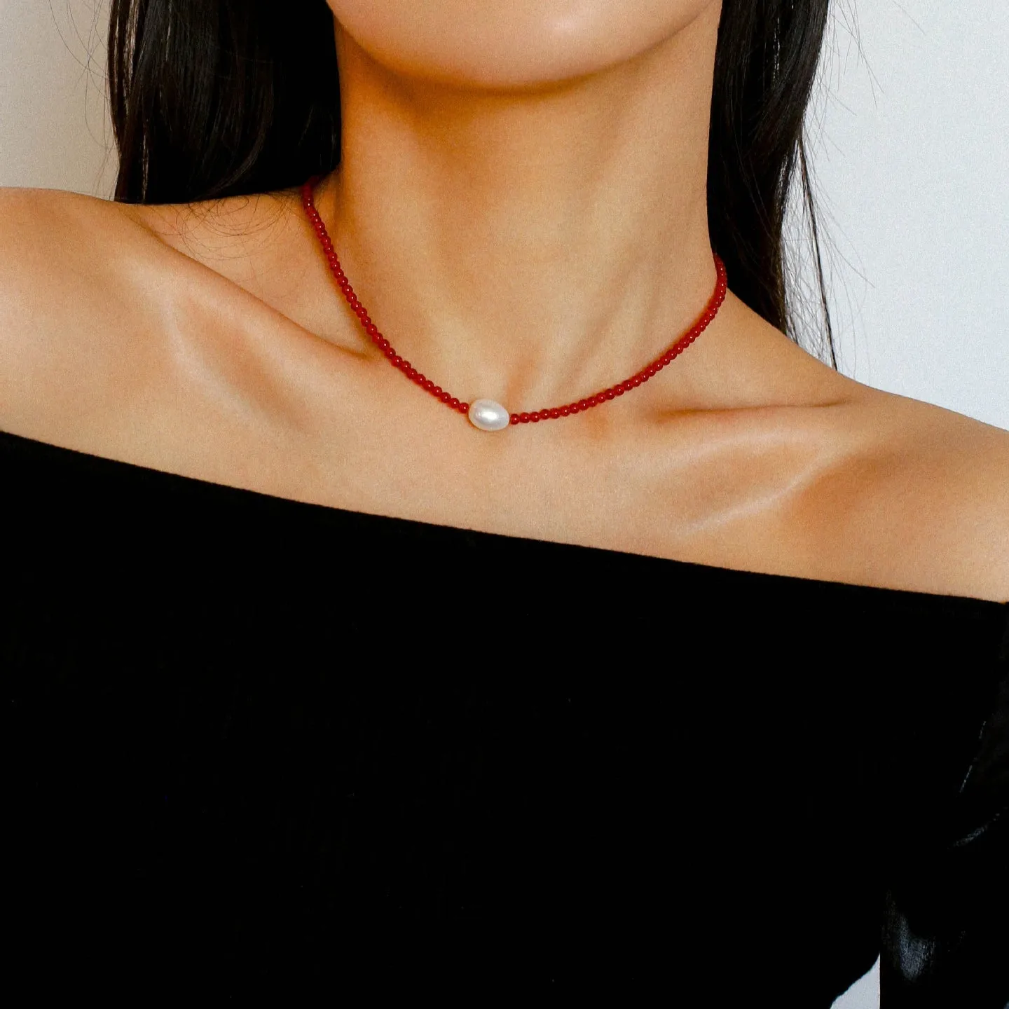 Crimson Glow Pearl & Red Agate Necklace