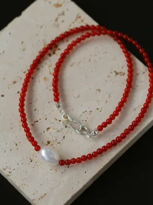 Crimson Glow Pearl & Red Agate Necklace