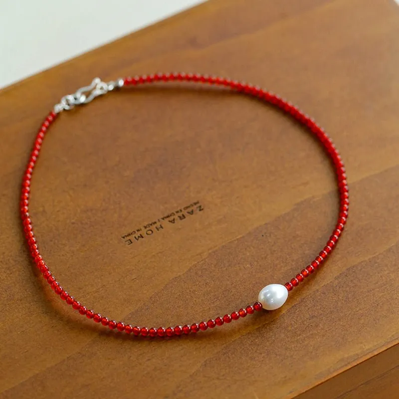 Crimson Glow Pearl & Red Agate Necklace
