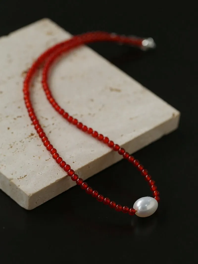 Crimson Glow Pearl & Red Agate Necklace