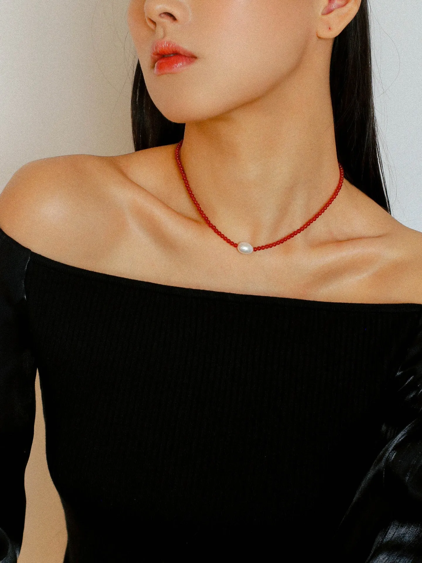 Crimson Glow Pearl & Red Agate Necklace