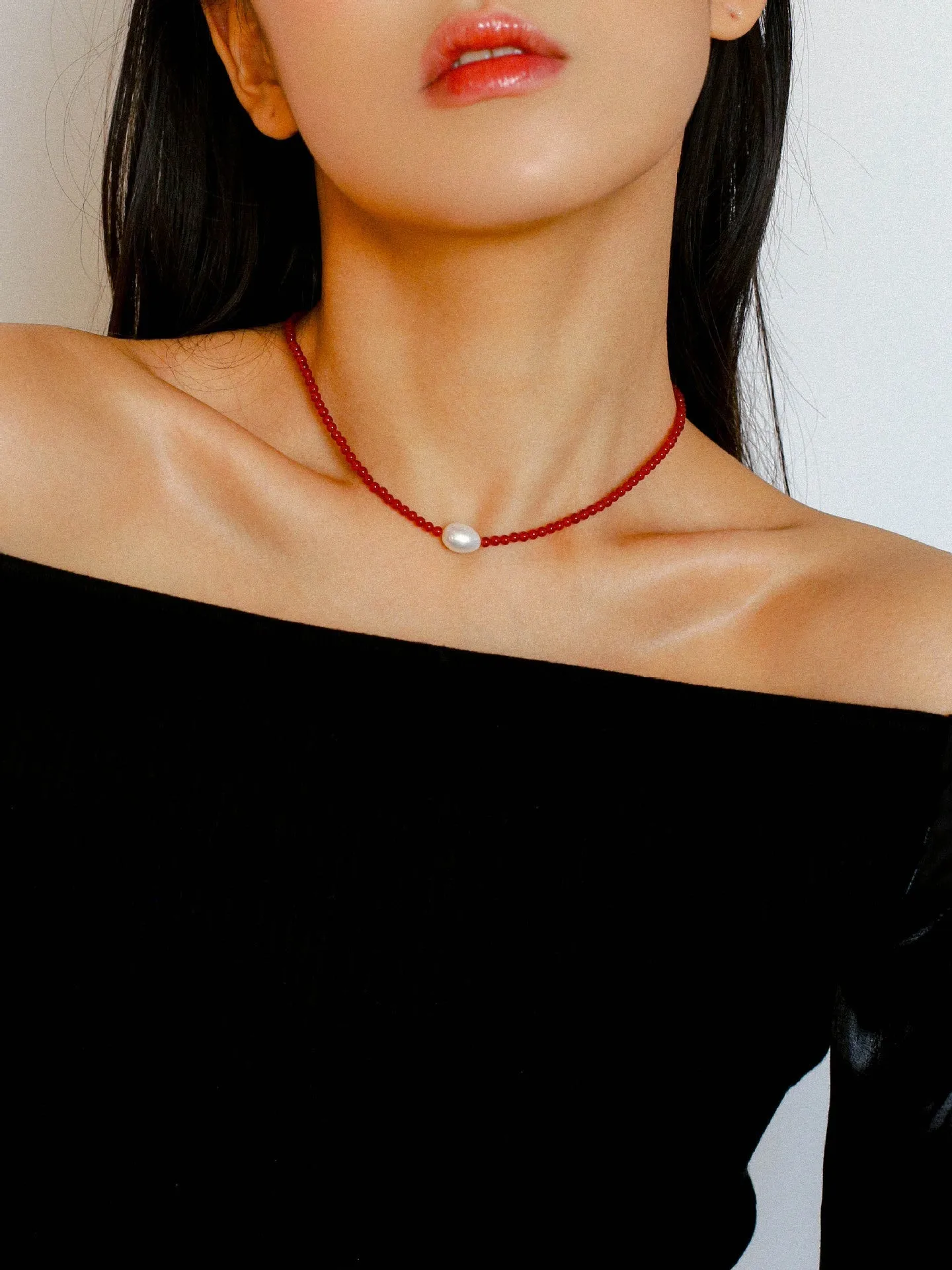Crimson Glow Pearl & Red Agate Necklace