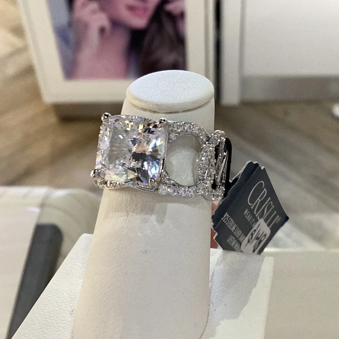 Crislu Eternity Pave/Cushion Cocktail Ring Finished in Pure Platinum