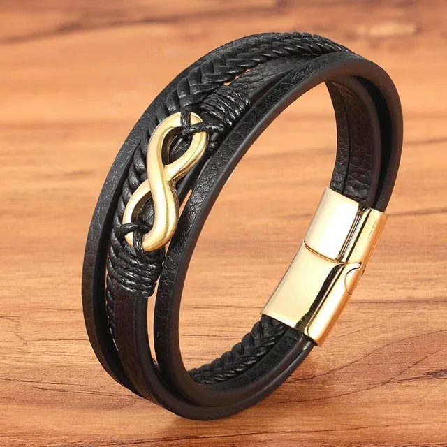 Cross Style Multi Layer  Stainless Steel Men's Leather Bracelet