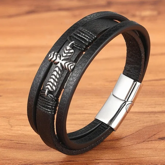 Cross Style Multi Layer  Stainless Steel Men's Leather Bracelet