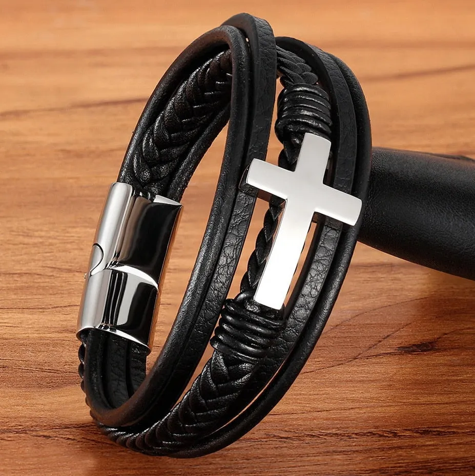 Cross Style Multi Layer  Stainless Steel Men's Leather Bracelet