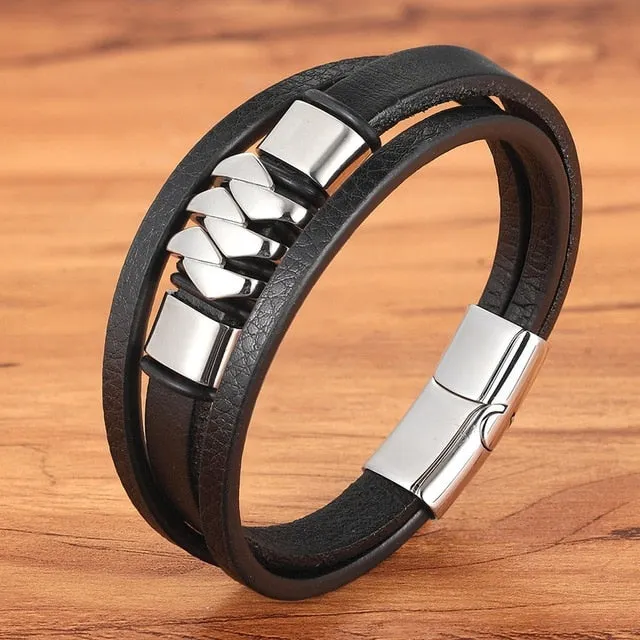 Cross Style Multi Layer  Stainless Steel Men's Leather Bracelet