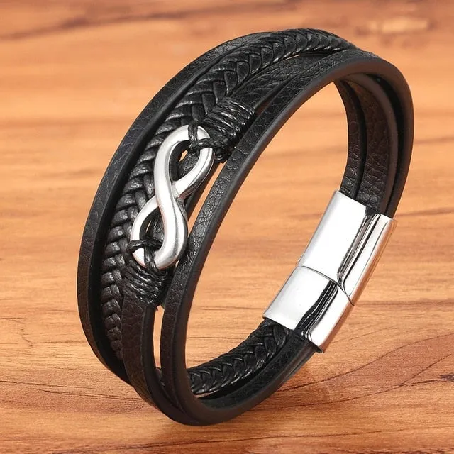 Cross Style Multi Layer  Stainless Steel Men's Leather Bracelet