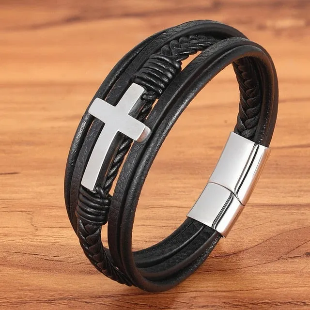 Cross Style Multi Layer  Stainless Steel Men's Leather Bracelet