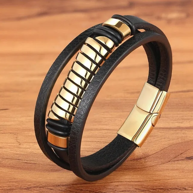Cross Style Multi Layer  Stainless Steel Men's Leather Bracelet