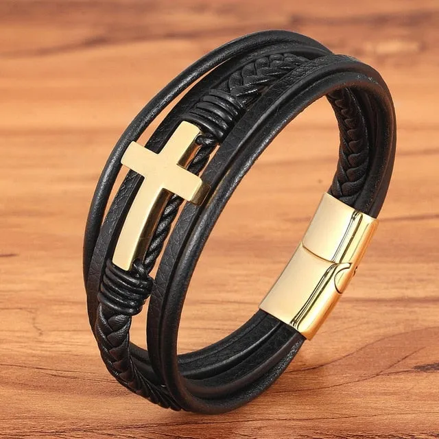 Cross Style Multi Layer  Stainless Steel Men's Leather Bracelet