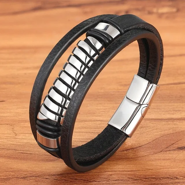 Cross Style Multi Layer  Stainless Steel Men's Leather Bracelet