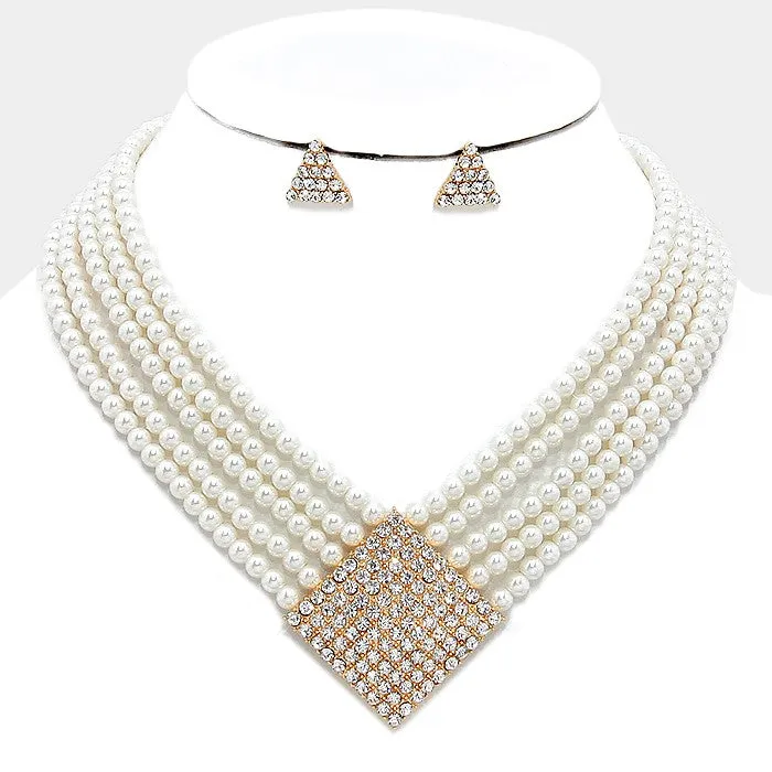 Crystal and Cream Pearl Multi-strand Necklace Set | 302092