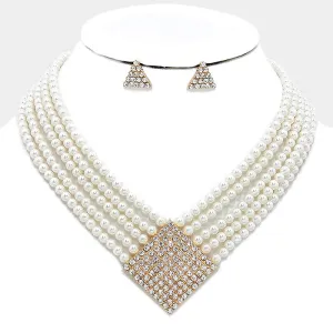 Crystal and Cream Pearl Multi-strand Necklace Set | 302092