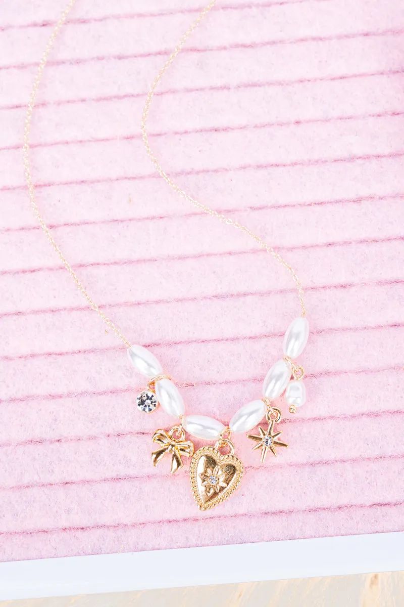 Crystal Heart Goldtone Pearl Necklace