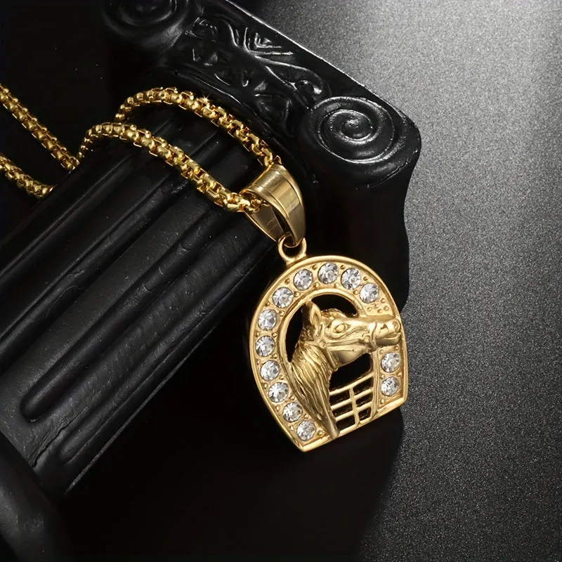 Crystal Horse Head Pendant Necklace For Men Rider Horse Racing Accessories Gift