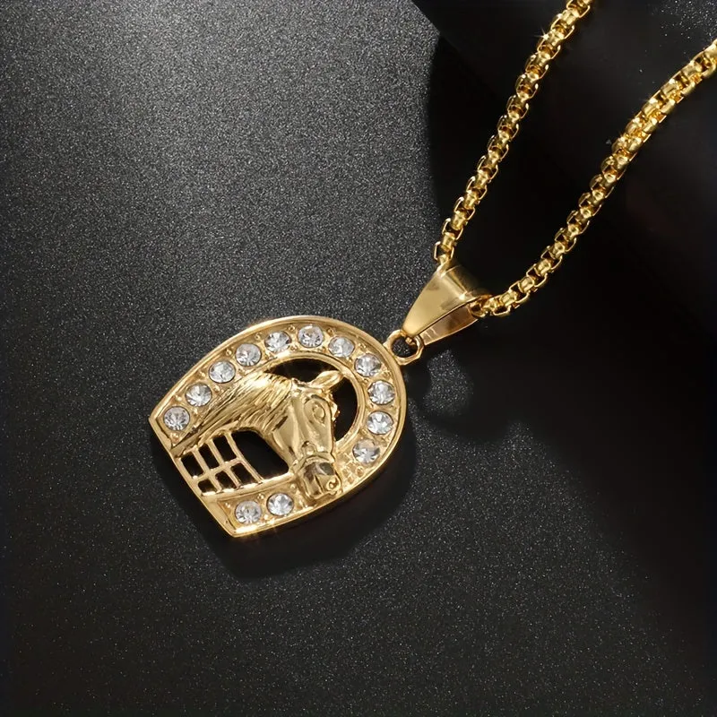 Crystal Horse Head Pendant Necklace For Men Rider Horse Racing Accessories Gift