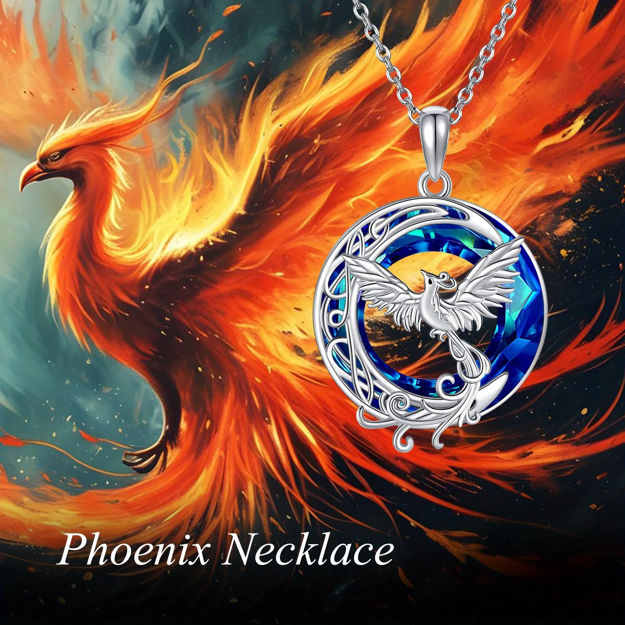 Crystal Phoenix Moon Pendant Necklace 925 Sterling Silver