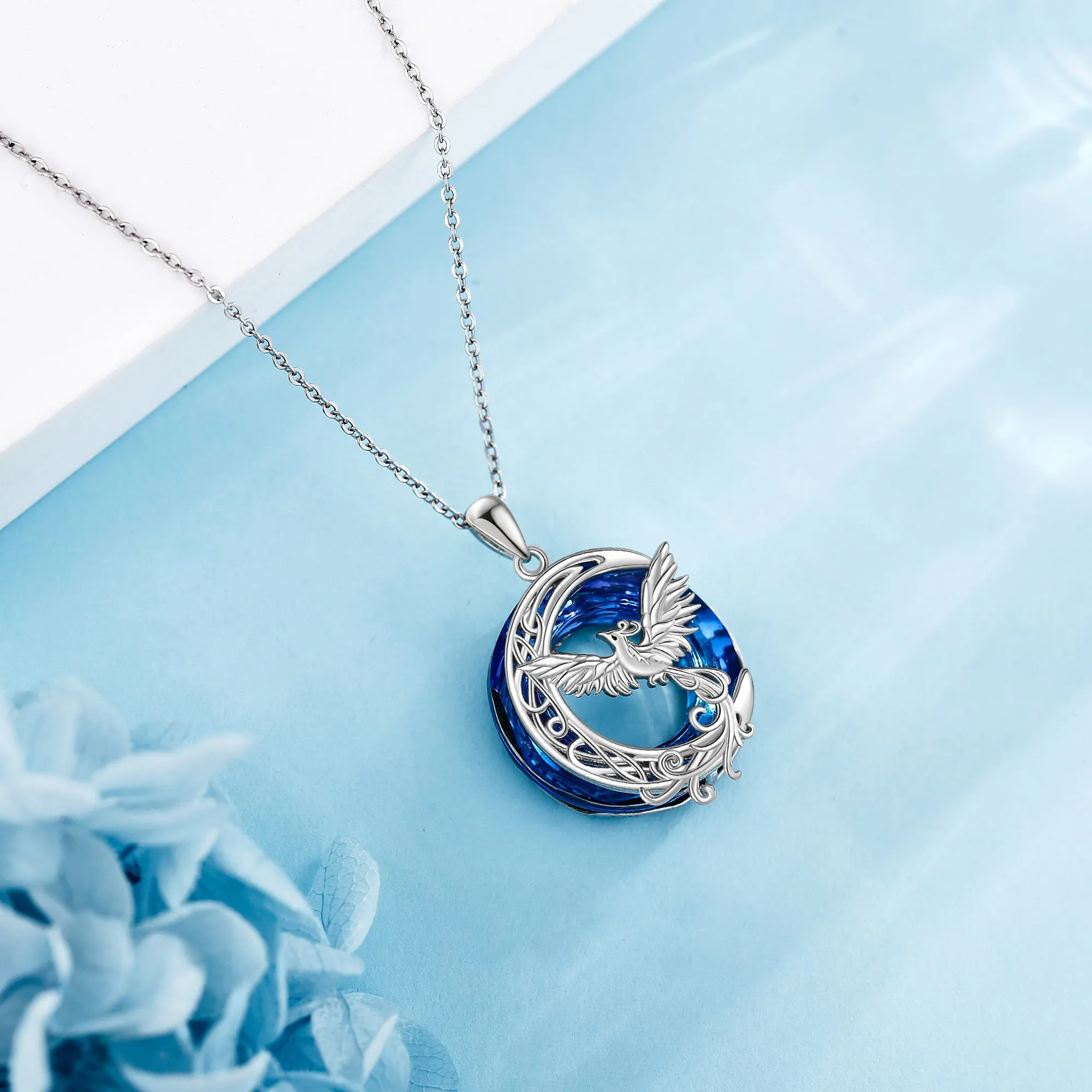 Crystal Phoenix Moon Pendant Necklace 925 Sterling Silver