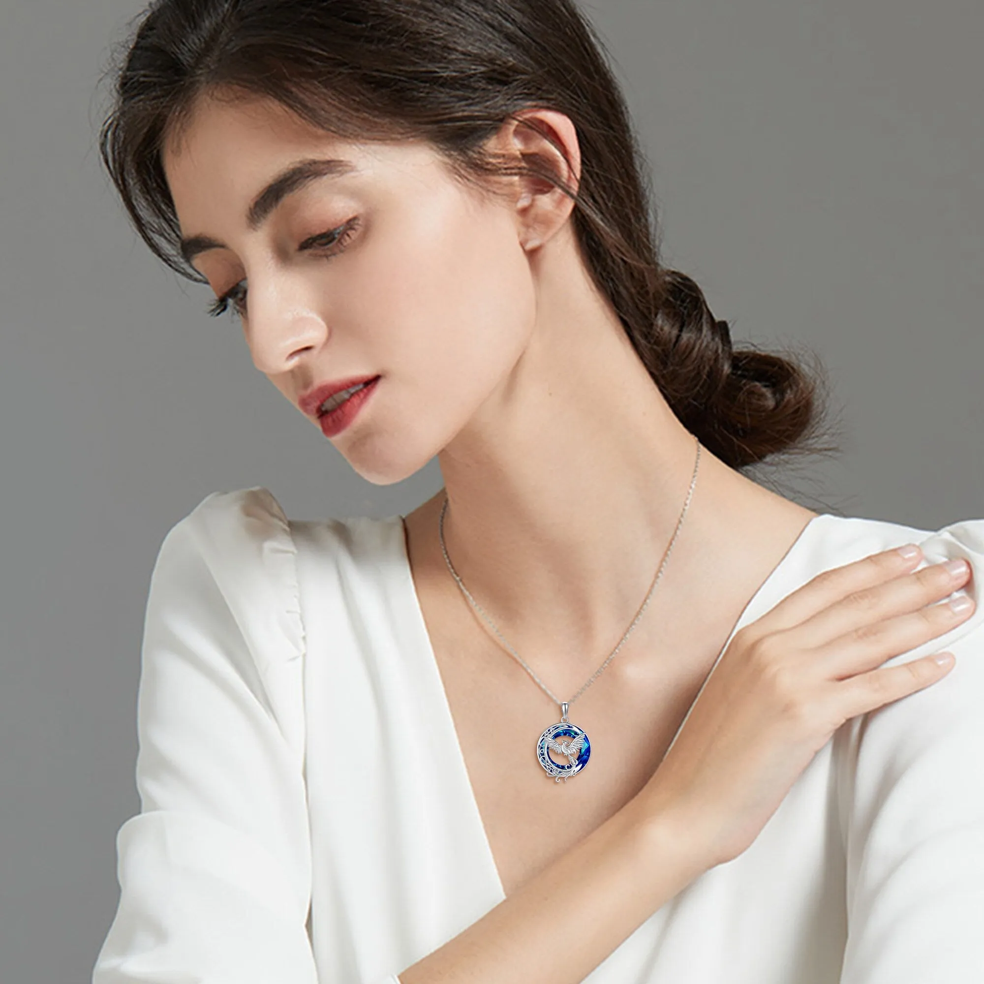 Crystal Phoenix Moon Pendant Necklace 925 Sterling Silver