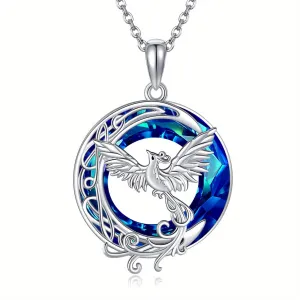 Crystal Phoenix Moon Pendant Necklace 925 Sterling Silver