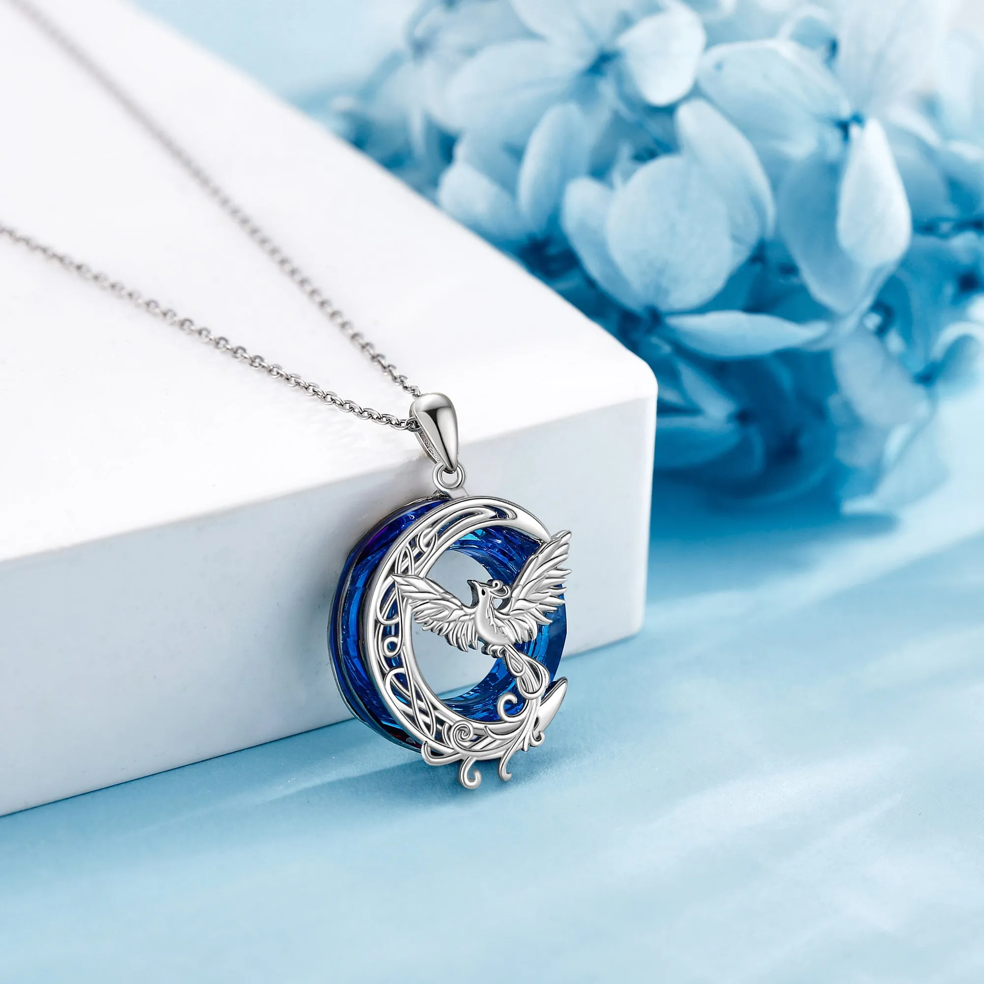 Crystal Phoenix Moon Pendant Necklace 925 Sterling Silver