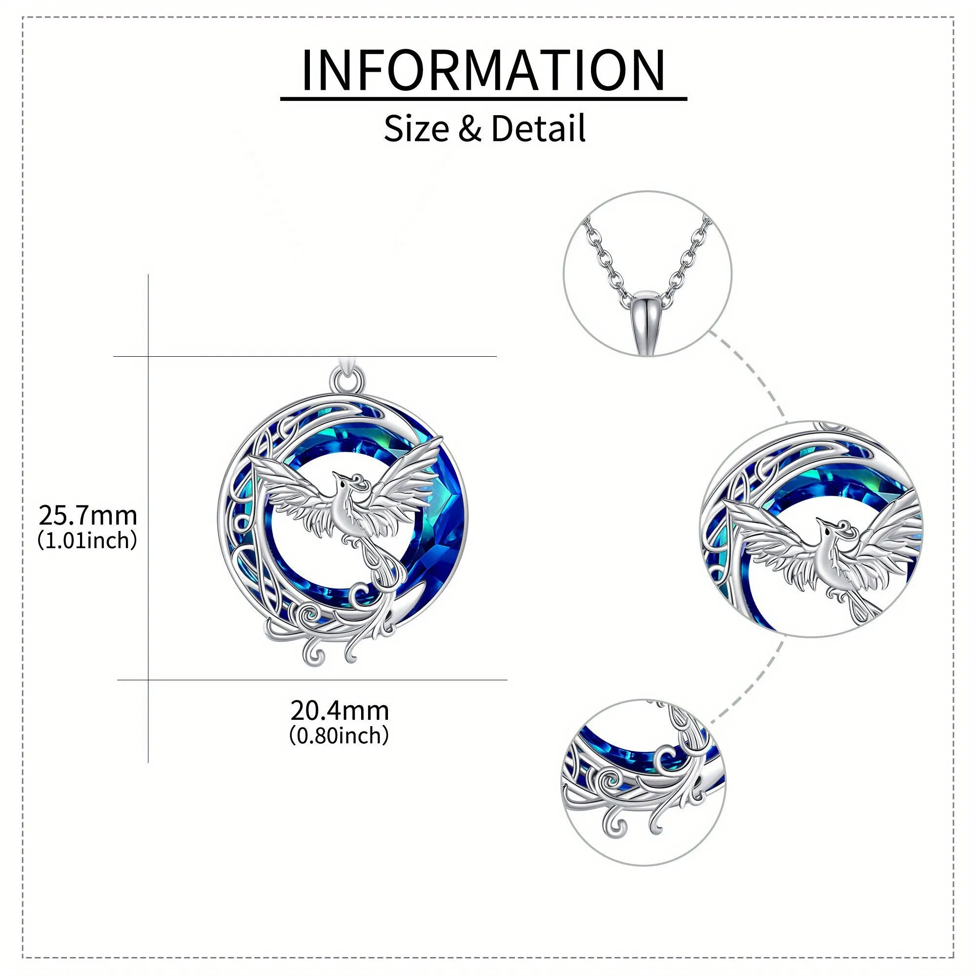 Crystal Phoenix Moon Pendant Necklace 925 Sterling Silver