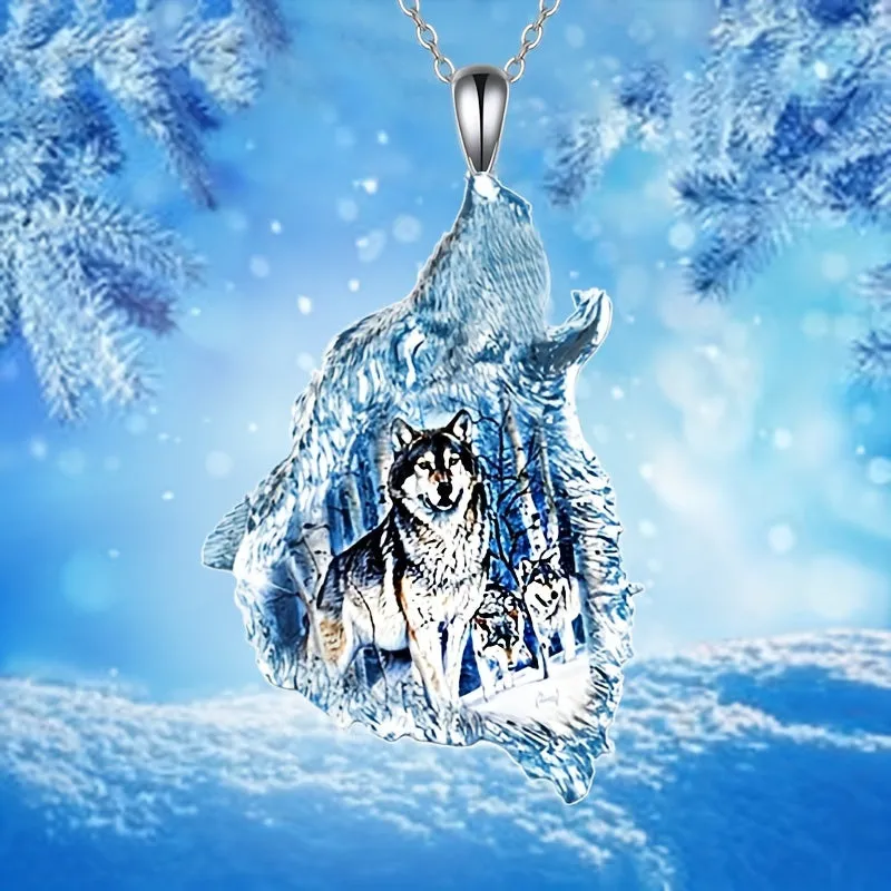 Crystal Wolf Pendant Necklace Men's Birthday Anniversary Gift