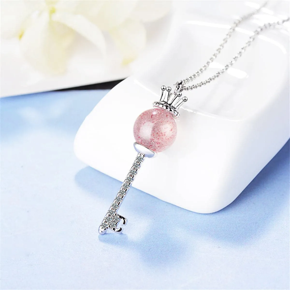 Cubic Zirconia & Strawberry Crystal Key Pendant Necklace