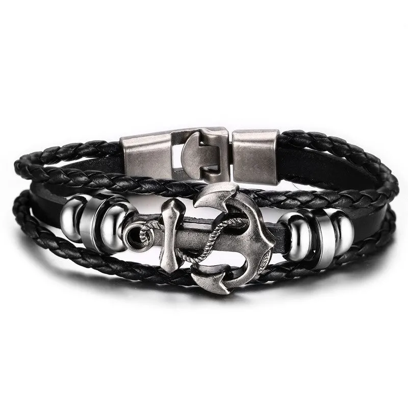Cuff Leather Bracelets Wrist Band Vintage Punk Rock Fashion Anchor Bracelet Alloy Beads Charm For Men And Women Jewelry