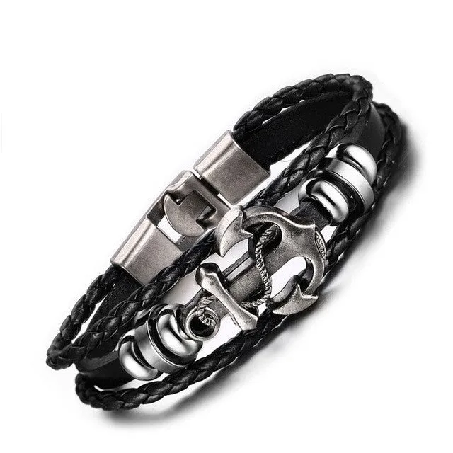 Cuff Leather Bracelets Wrist Band Vintage Punk Rock Fashion Anchor Bracelet Alloy Beads Charm For Men And Women Jewelry