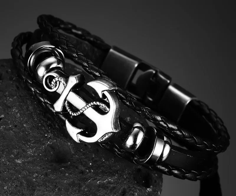 Cuff Leather Bracelets Wrist Band Vintage Punk Rock Fashion Anchor Bracelet Alloy Beads Charm For Men And Women Jewelry