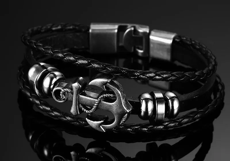 Cuff Leather Bracelets Wrist Band Vintage Punk Rock Fashion Anchor Bracelet Alloy Beads Charm For Men And Women Jewelry