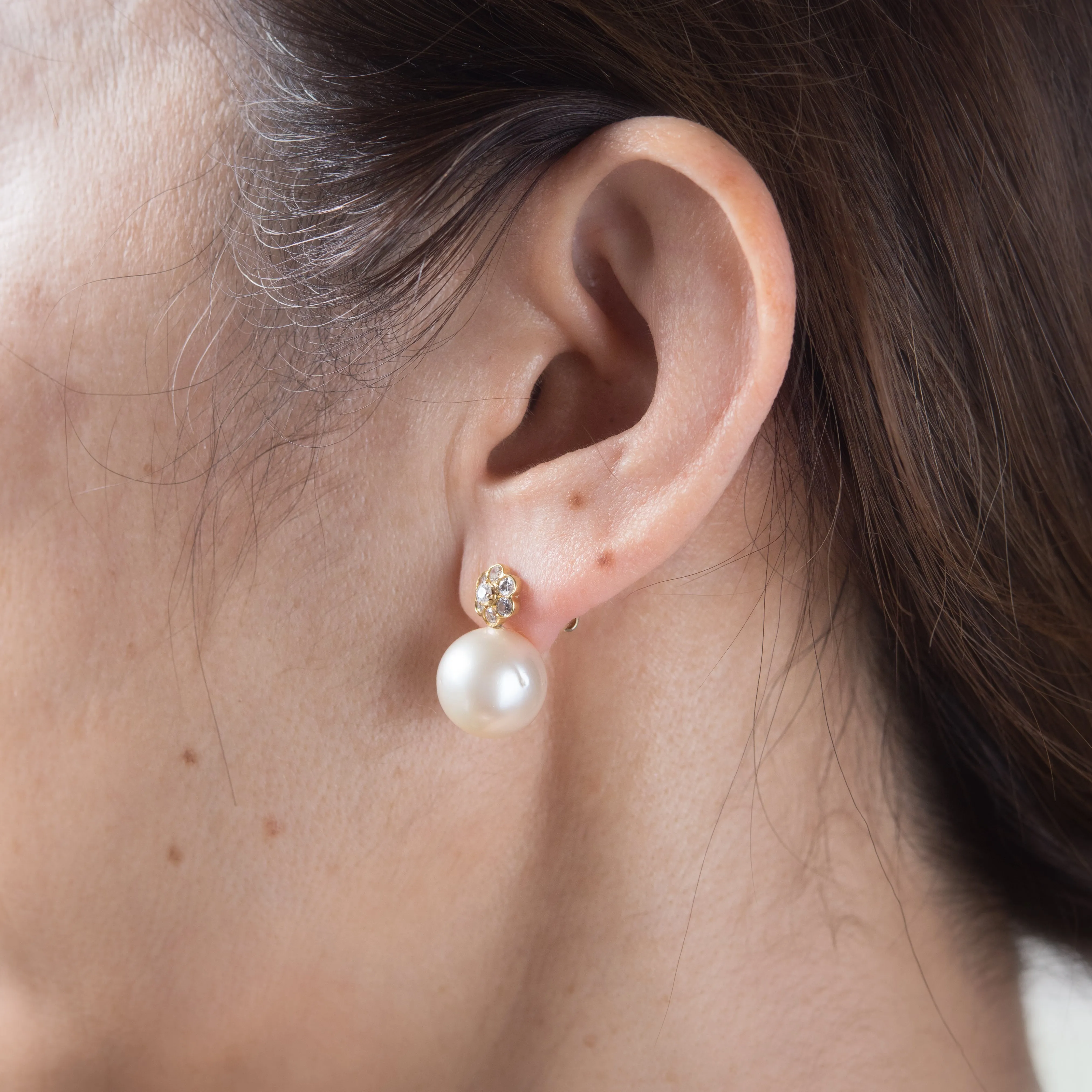 Cultured Tahitian Pearl Vintage Diamond Flower Drop Earrings