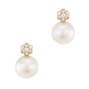 Cultured Tahitian Pearl Vintage Diamond Flower Drop Earrings