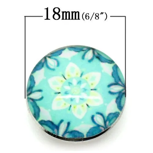 Cyan Flower Design Glass Chunk Charm Button Fits Chunk Bracelet